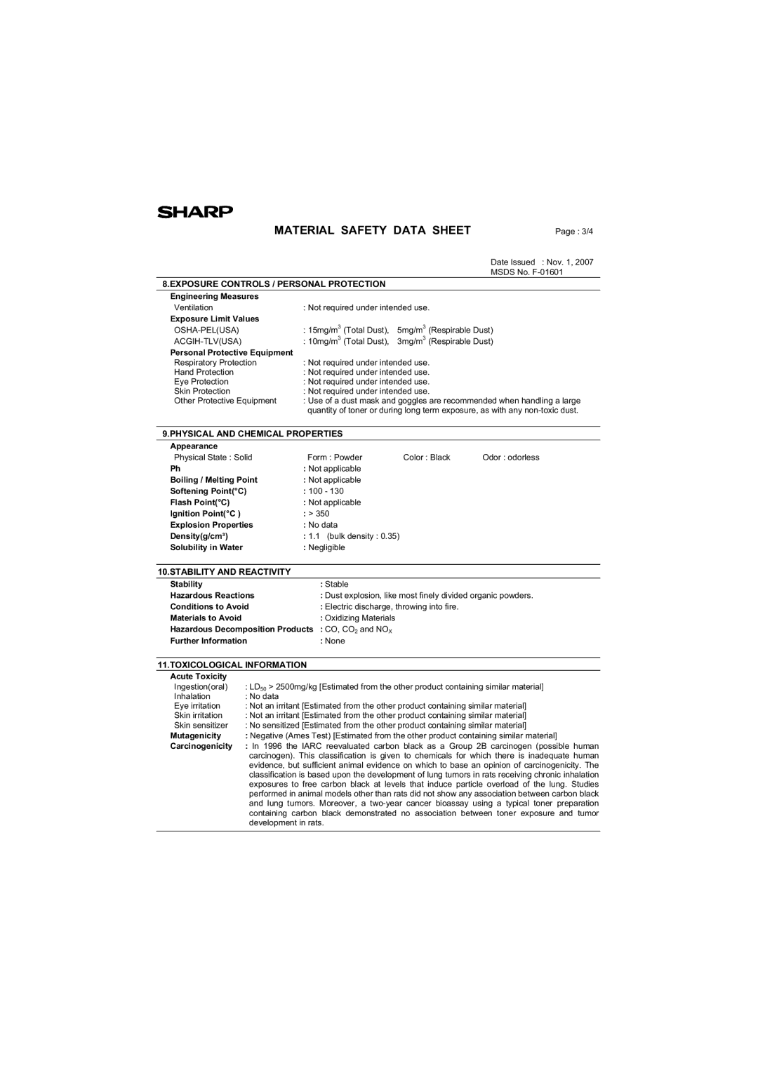 Sharp AR-M200 operation manual Exposure Controls / Personal Protection 