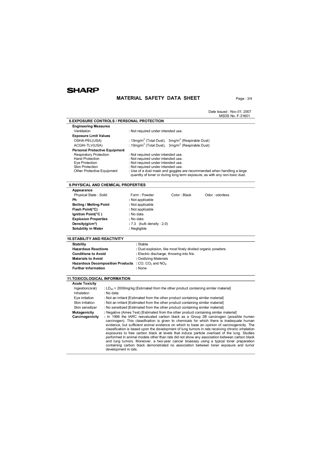 Sharp AR-M200 operation manual Exposure Controls / Personal Protection 