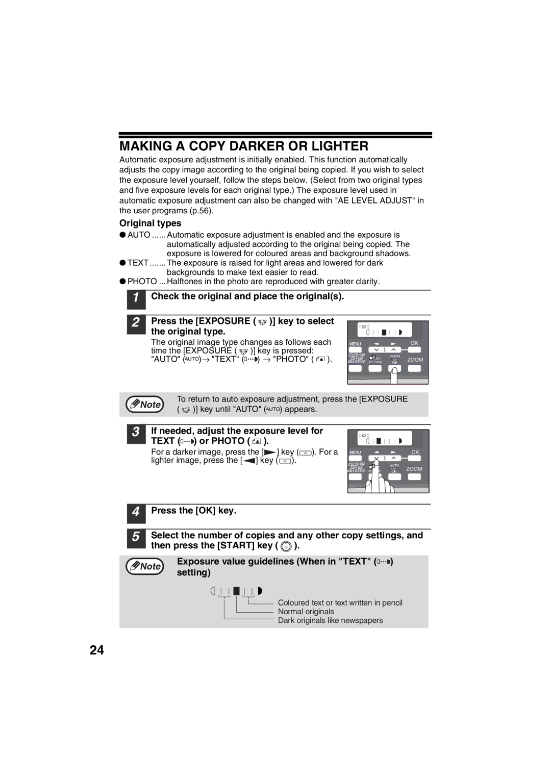 Sharp AR-M200 operation manual Making a Copy Darker or Lighter, Original types, Press the OK key, Then press the Start key 