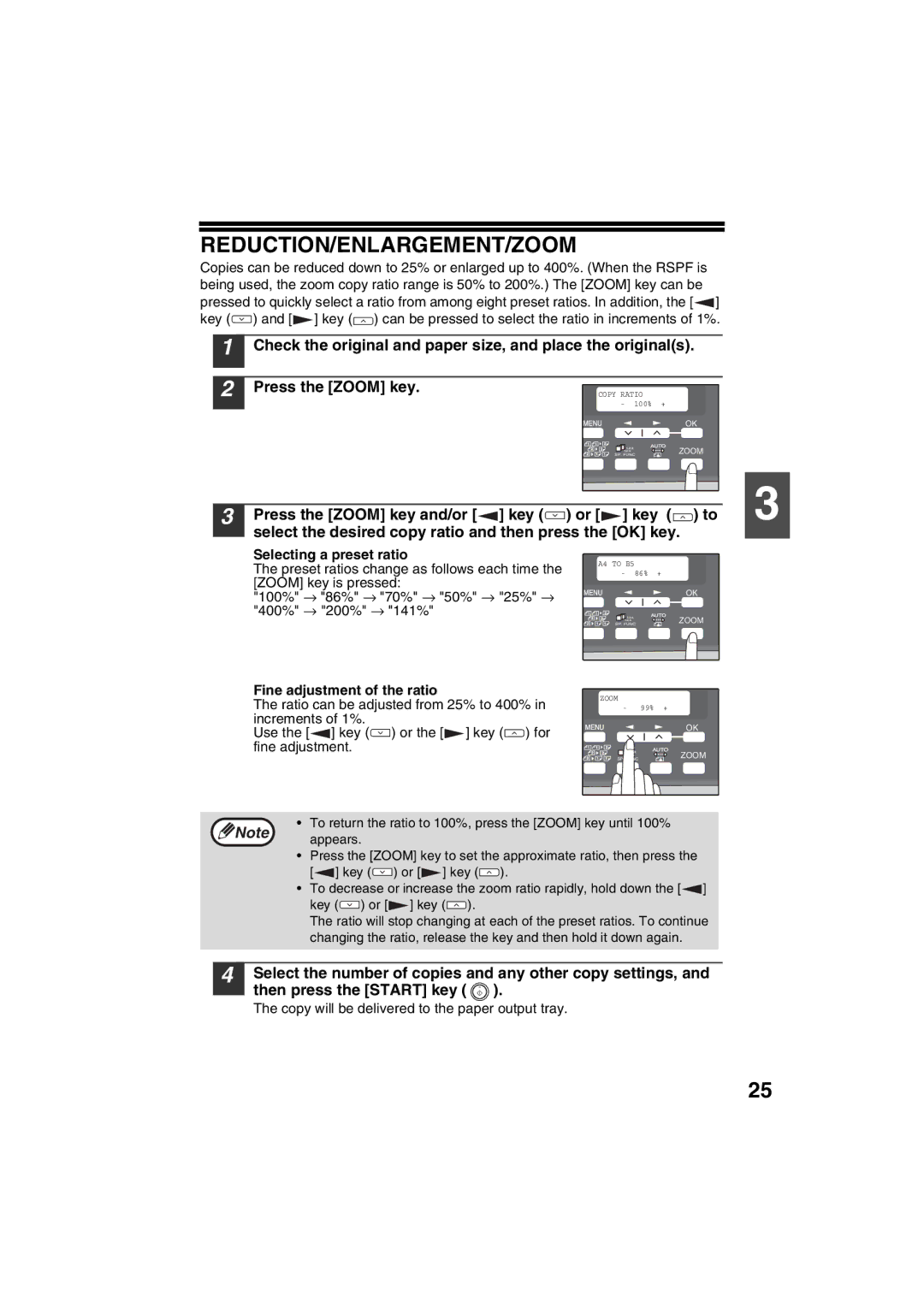 Sharp AR-M200 Reduction/Enlargement/Zoom, Press the Zoom key and/or key or key to, Selecting a preset ratio 