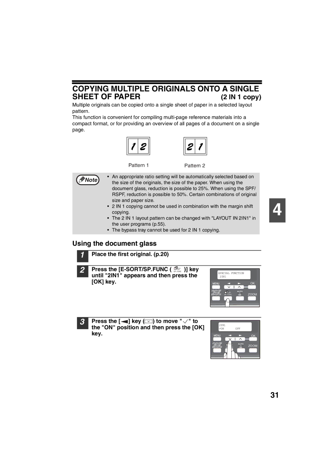 Sharp AR-M200 Copying Multiple Originals Onto a Single Sheet of Paper, copy, Key Until 2IN1 appears and then press 