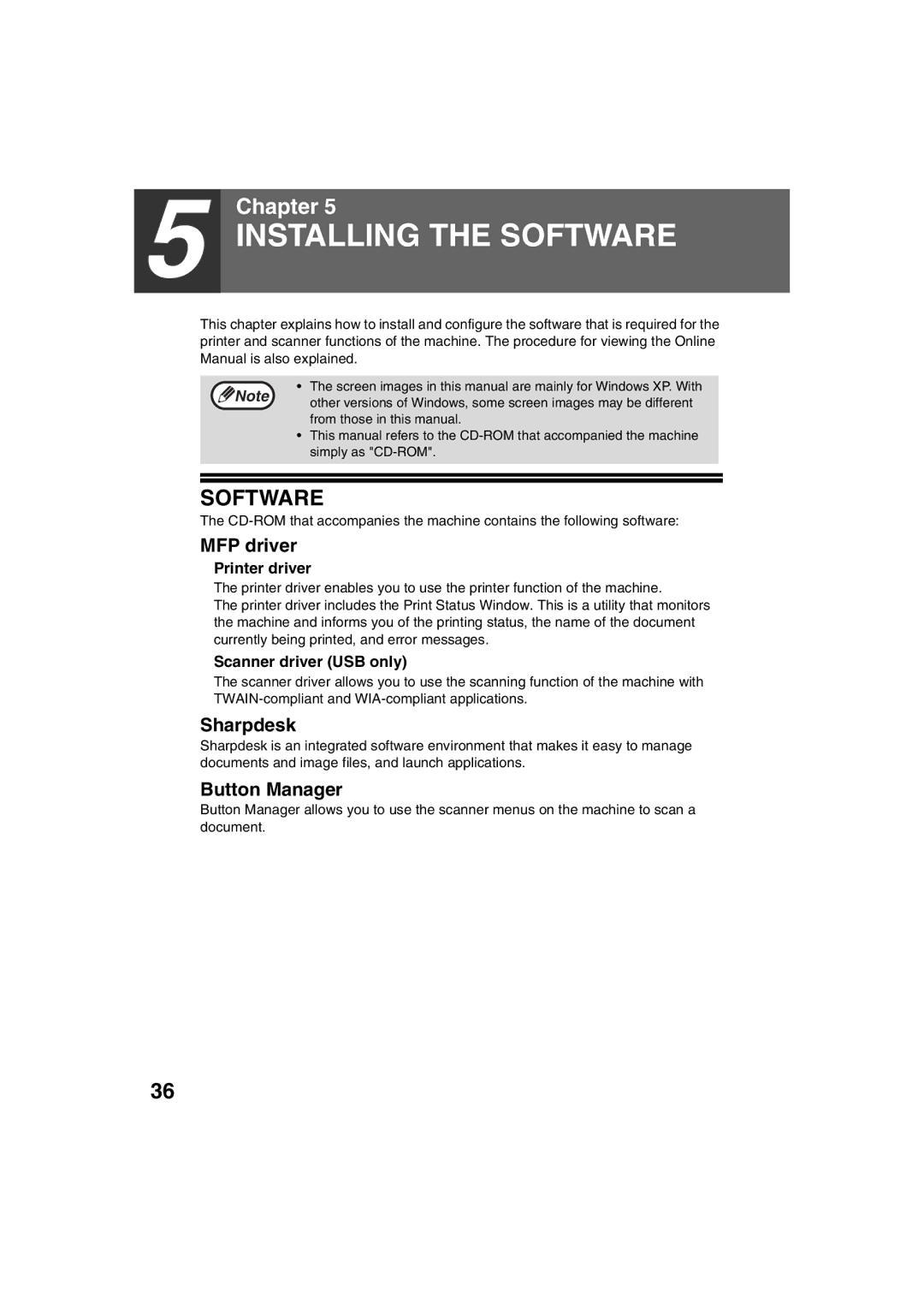 Sharp AR-M200 operation manual Installing the Software, MFP driver, Sharpdesk, Button Manager 