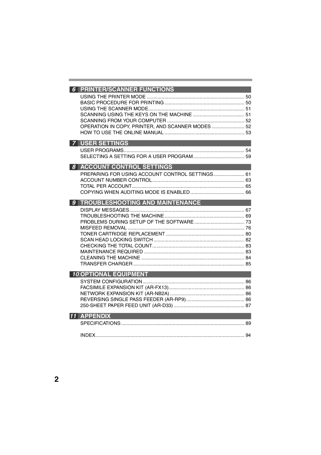 Sharp AR-M200 operation manual User Programs Selecting a Setting for a User Program, Specifications Index 