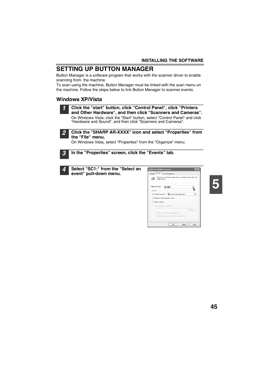 Sharp AR-M200 operation manual Setting UP Button Manager, Windows XP/Vista 