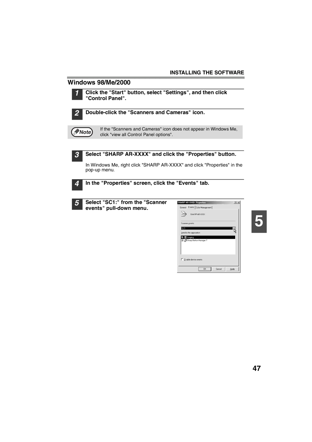 Sharp AR-M200 operation manual Windows 98/Me/2000, Select Sharp AR-XXXX and click the Properties button 