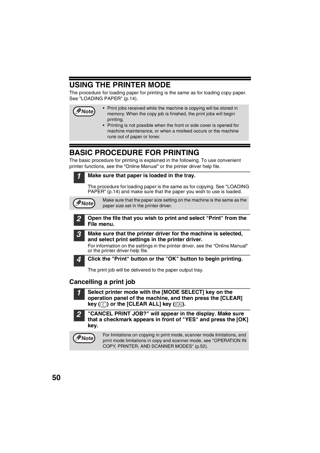 Sharp AR-M200 operation manual Using the Printer Mode, Basic Procedure for Printing, Cancelling a print job 