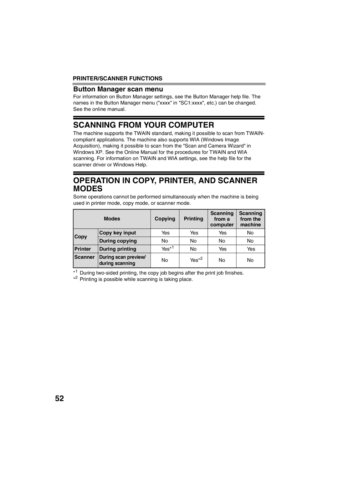 Sharp AR-M200 Scanning from Your Computer, Operation in COPY, PRINTER, and Scanner Modes, Button Manager scan menu 