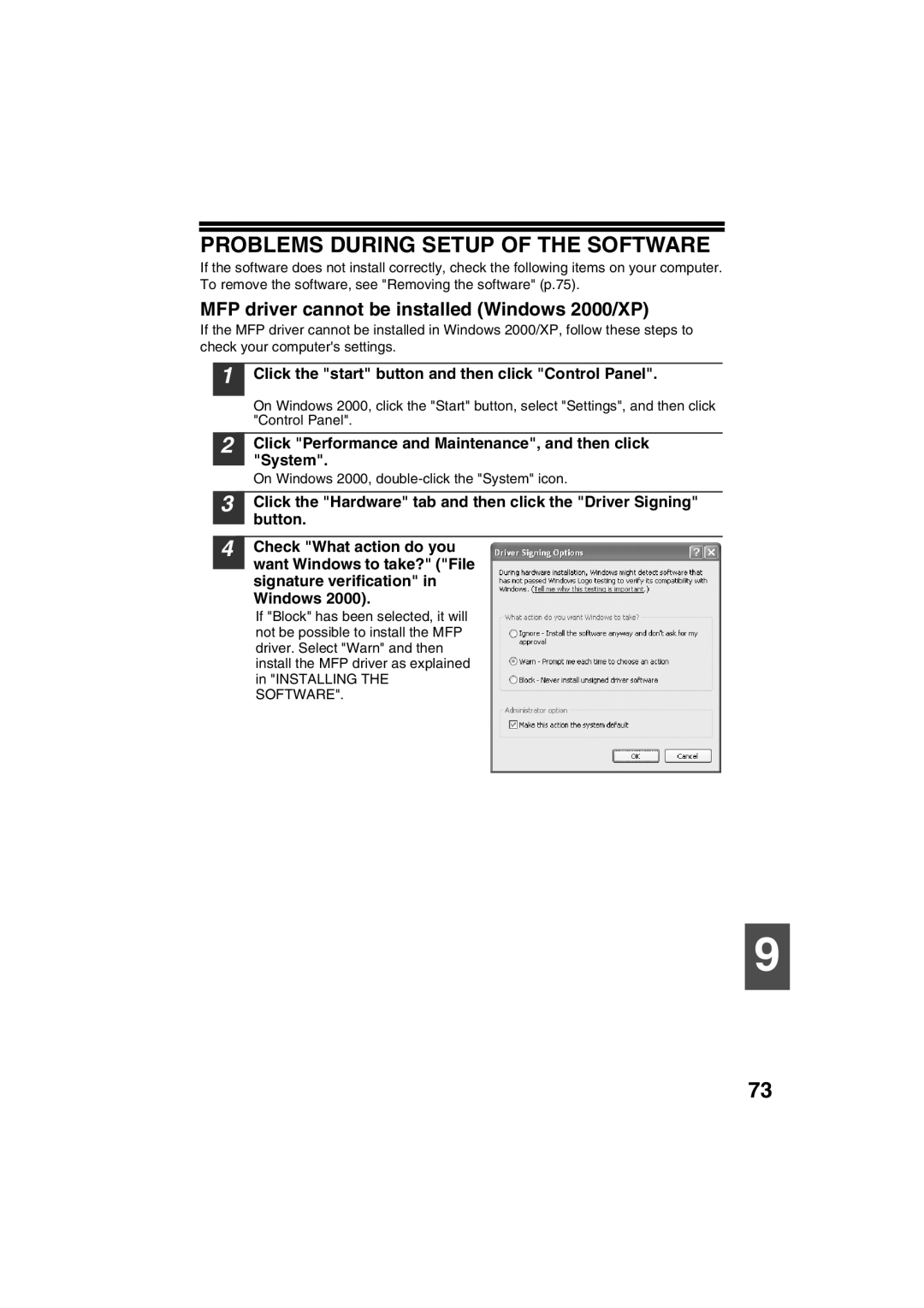 Sharp AR-M200 operation manual Problems During Setup of the Software, MFP driver cannot be installed Windows 2000/XP 