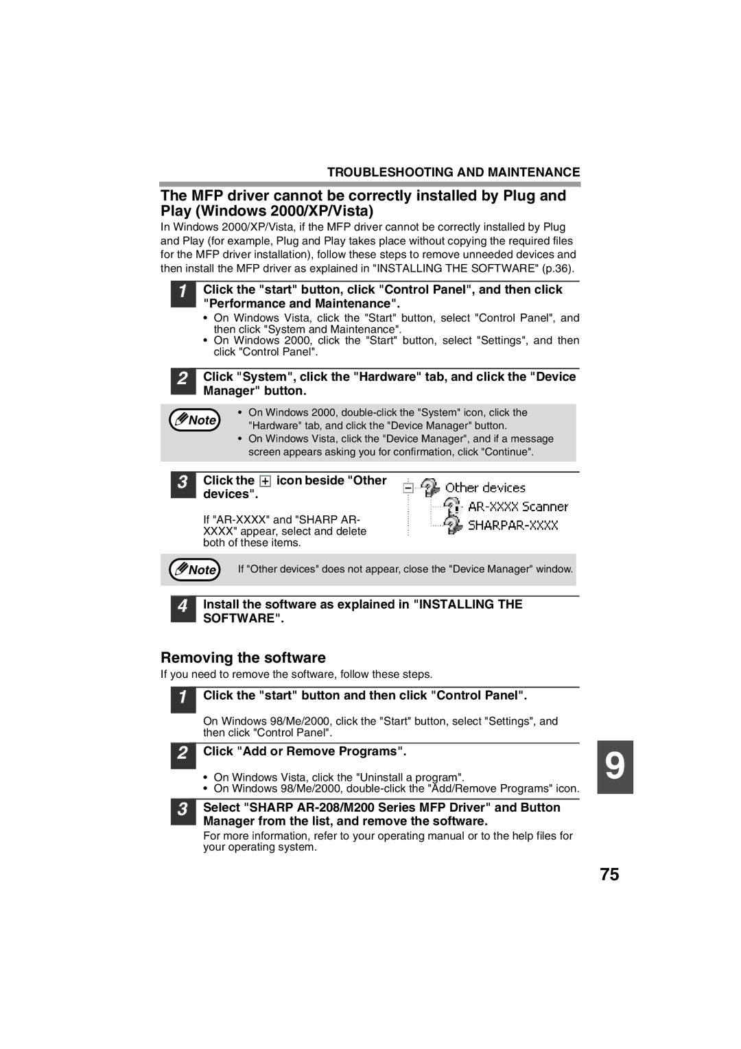 Sharp AR-M200 operation manual Removing the software, Click Icon beside Other Devices, Click Add or Remove Programs 