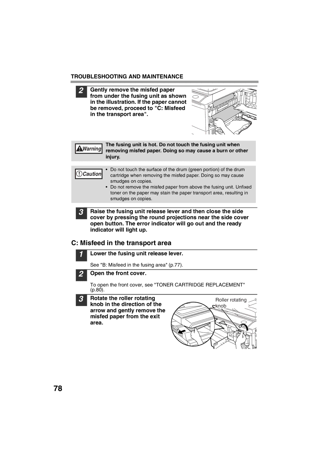 Sharp AR-M200 operation manual Misfeed in the transport area, Lower the fusing unit release lever, Open the front cover 