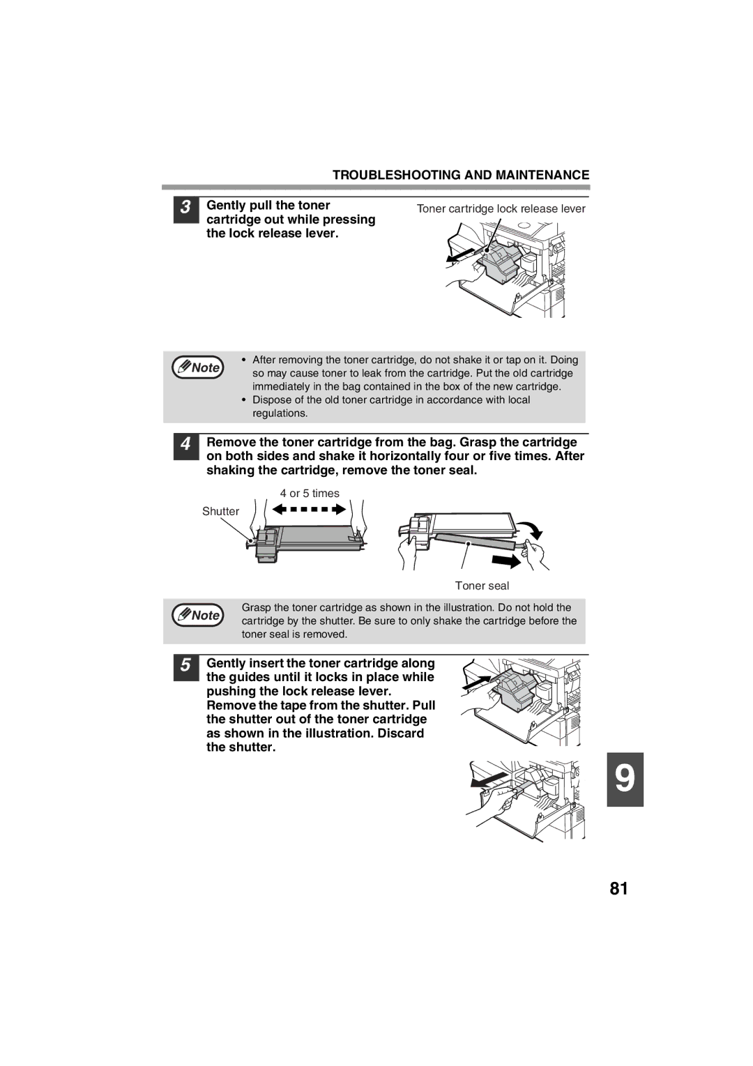 Sharp AR-M200 operation manual Gently pull the toner, Cartridge out while pressing the lock release lever 