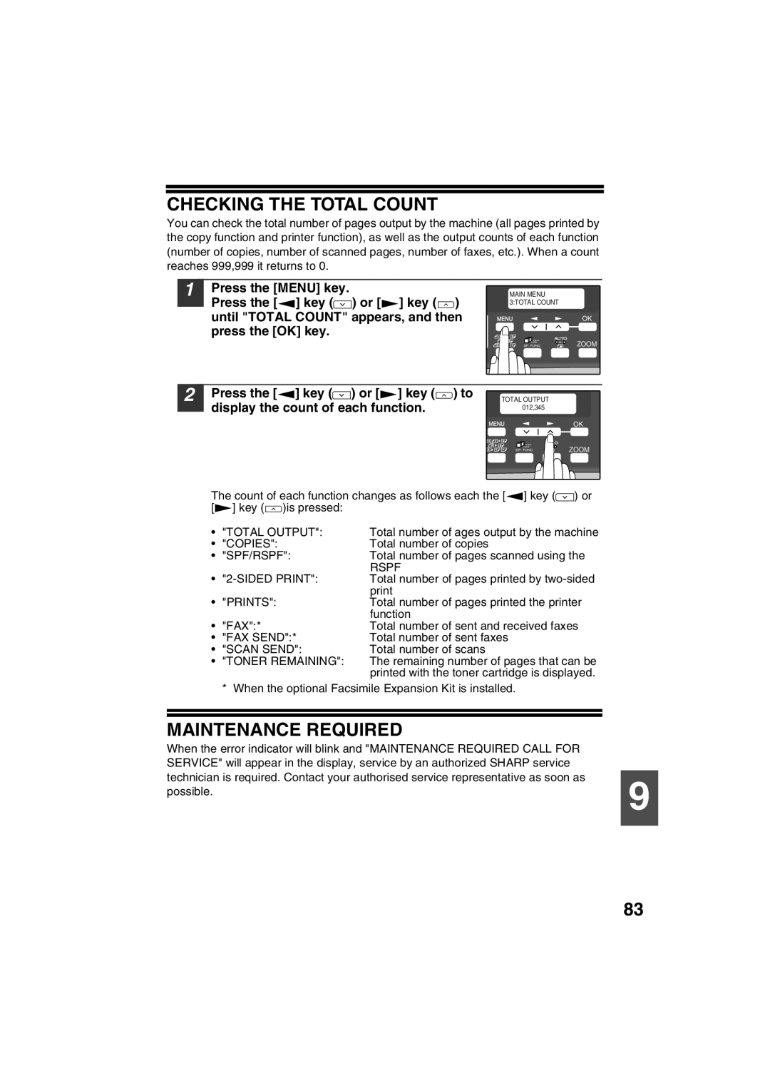 Sharp AR-M200 Checking the Total Count, Maintenance Required, Press the key or key to display the count of each function 