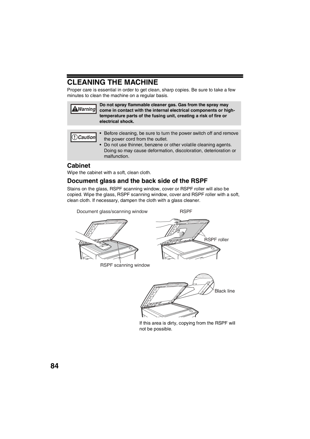 Sharp AR-M200 operation manual Cleaning the Machine, Cabinet, Document glass and the back side of the Rspf 