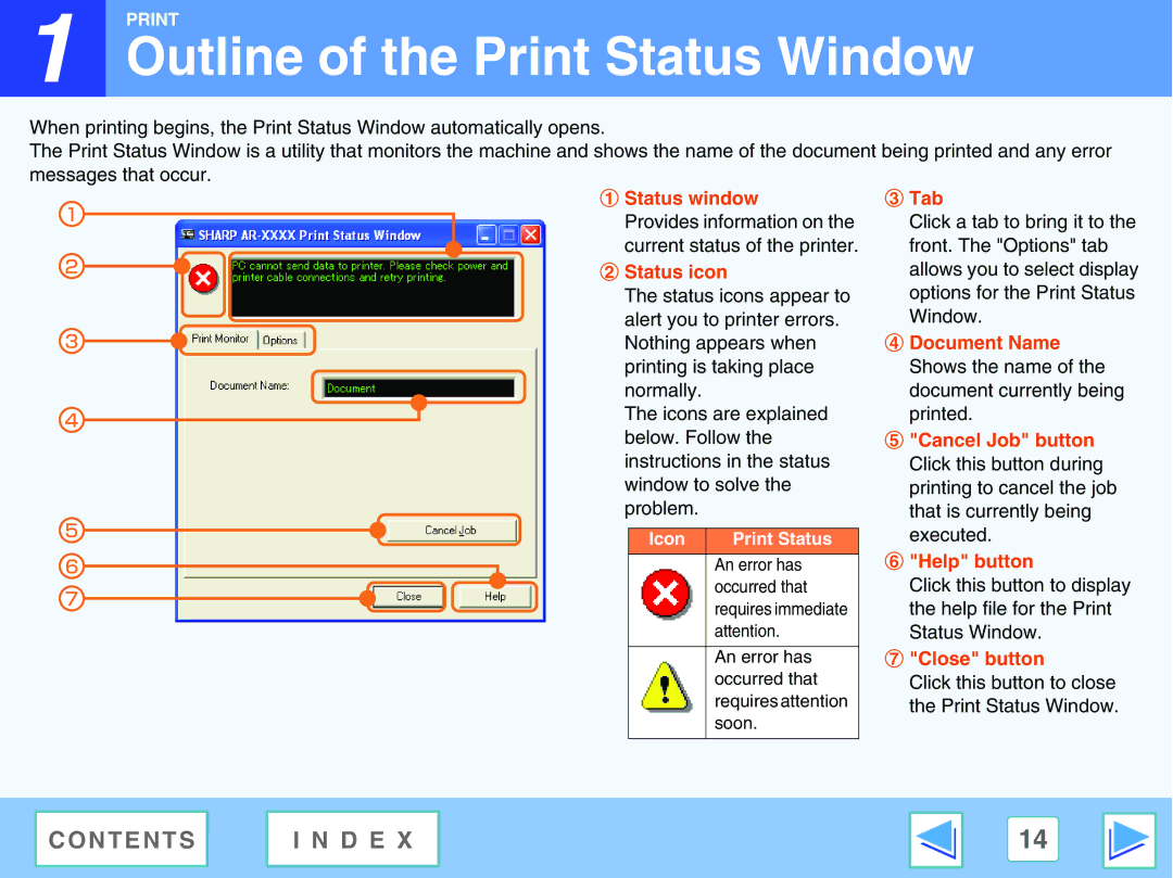 Sharp AR-M205, AR-M160 manual Outline of the Print Status Window, Status window, Status icon, Close button 