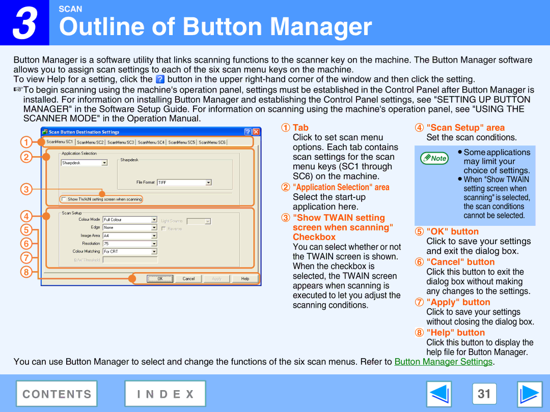 Sharp AR-M160, AR-M205 manual Outline of Button Manager, Scan Setup area Set the scan conditions 