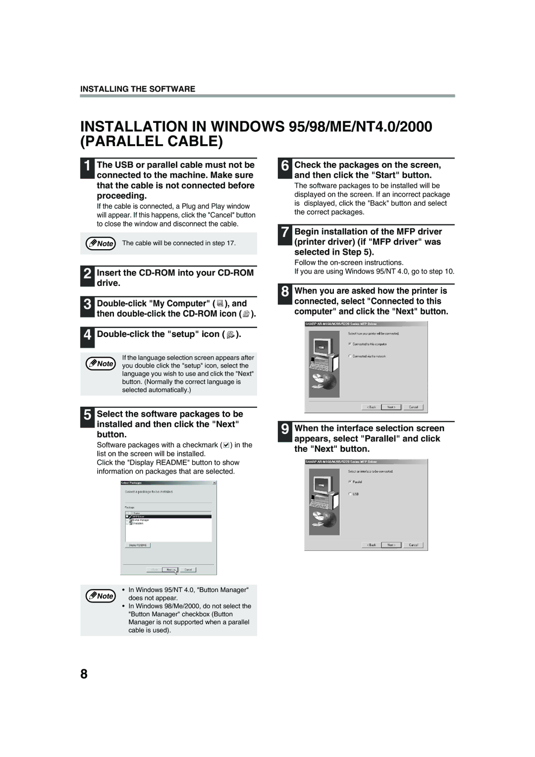 Sharp AR-M205, AR-M160 setup guide Installation in Windows 95/98/ME/NT4.0/2000 Parallel Cable 