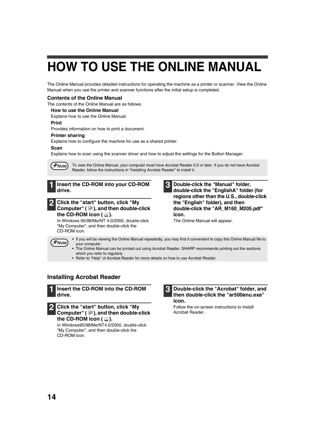 Sharp AR-M205, AR-M160 setup guide HOW to USE the Online Manual, Installing Acrobat Reader, Contents of the Online Manual 