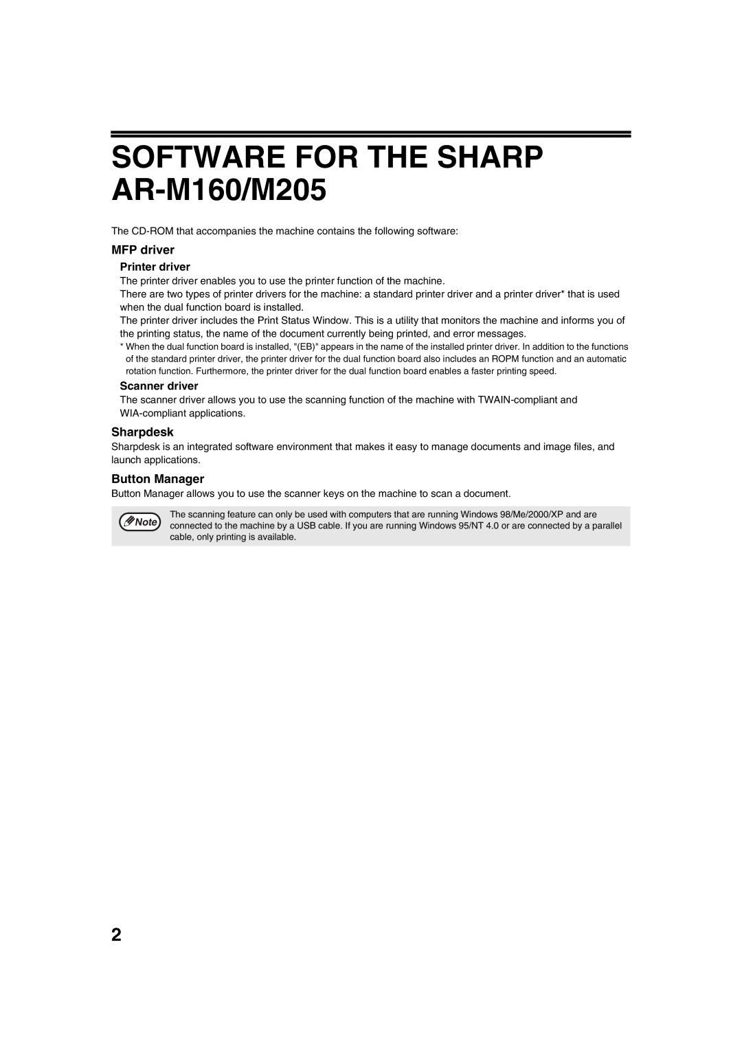 Sharp AR-M205 setup guide Software for the Sharp AR-M160/M205, MFP driver, Sharpdesk, Button Manager 