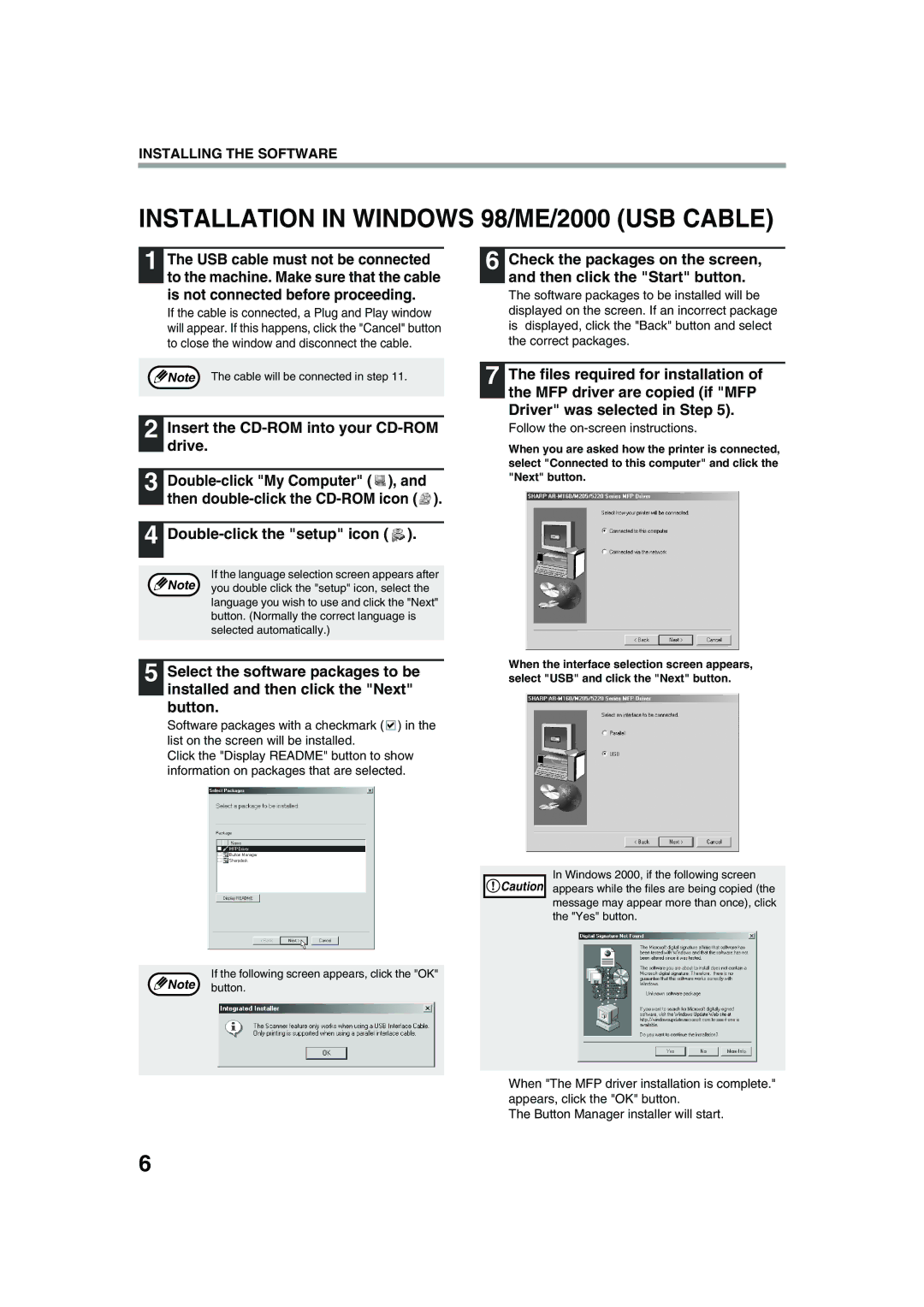 Sharp AR-M205 Installation in Windows 98/ME/2000 USB Cable, Check the packages on the screen, Then click the Start button 