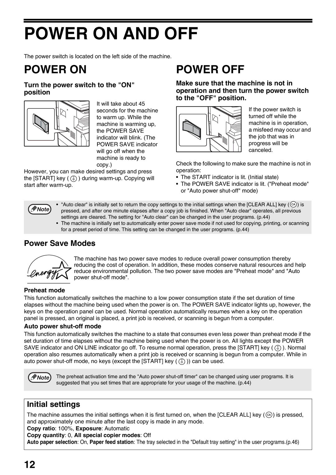 Sharp AR-M205, AR-M160 operation manual Power on and OFF, Power OFF, Power Save Modes, Initial settings 