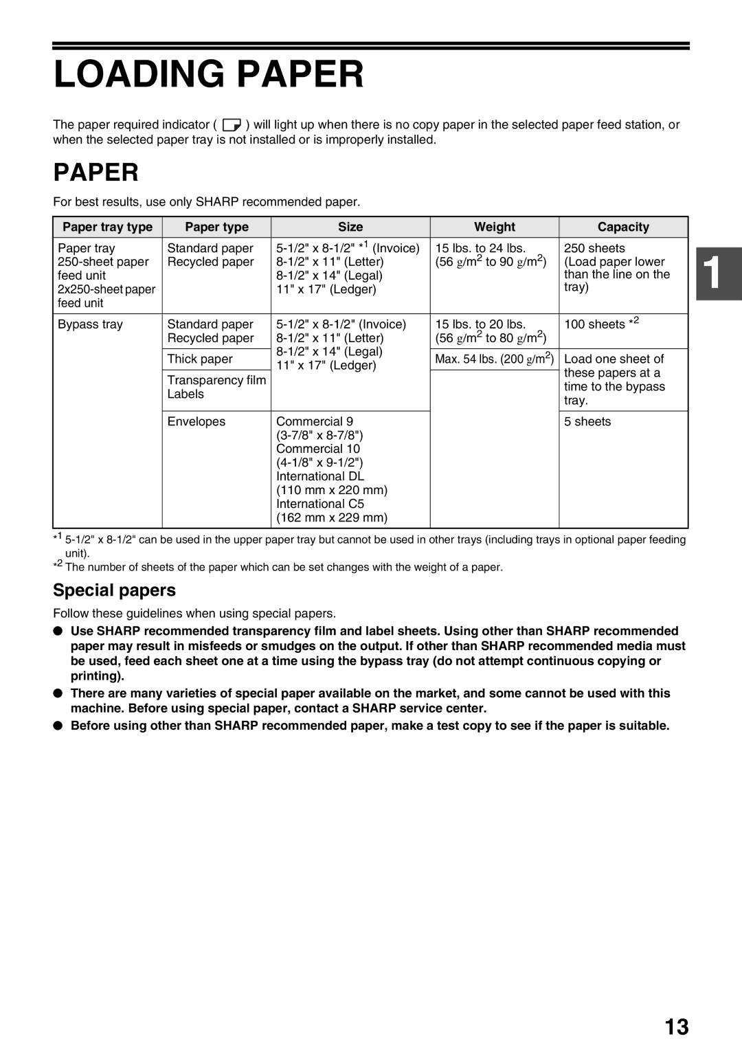 Sharp AR-M160, AR-M205 operation manual Loading Paper, Special papers, Paper tray type Paper type Size Weight Capacity 