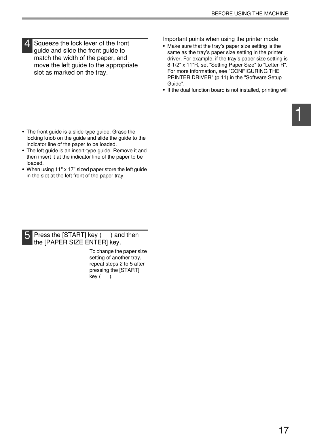 Sharp AR-M160, AR-M205 Press the Start key and then the Paper Size Enter key, Important points when using the printer mode 