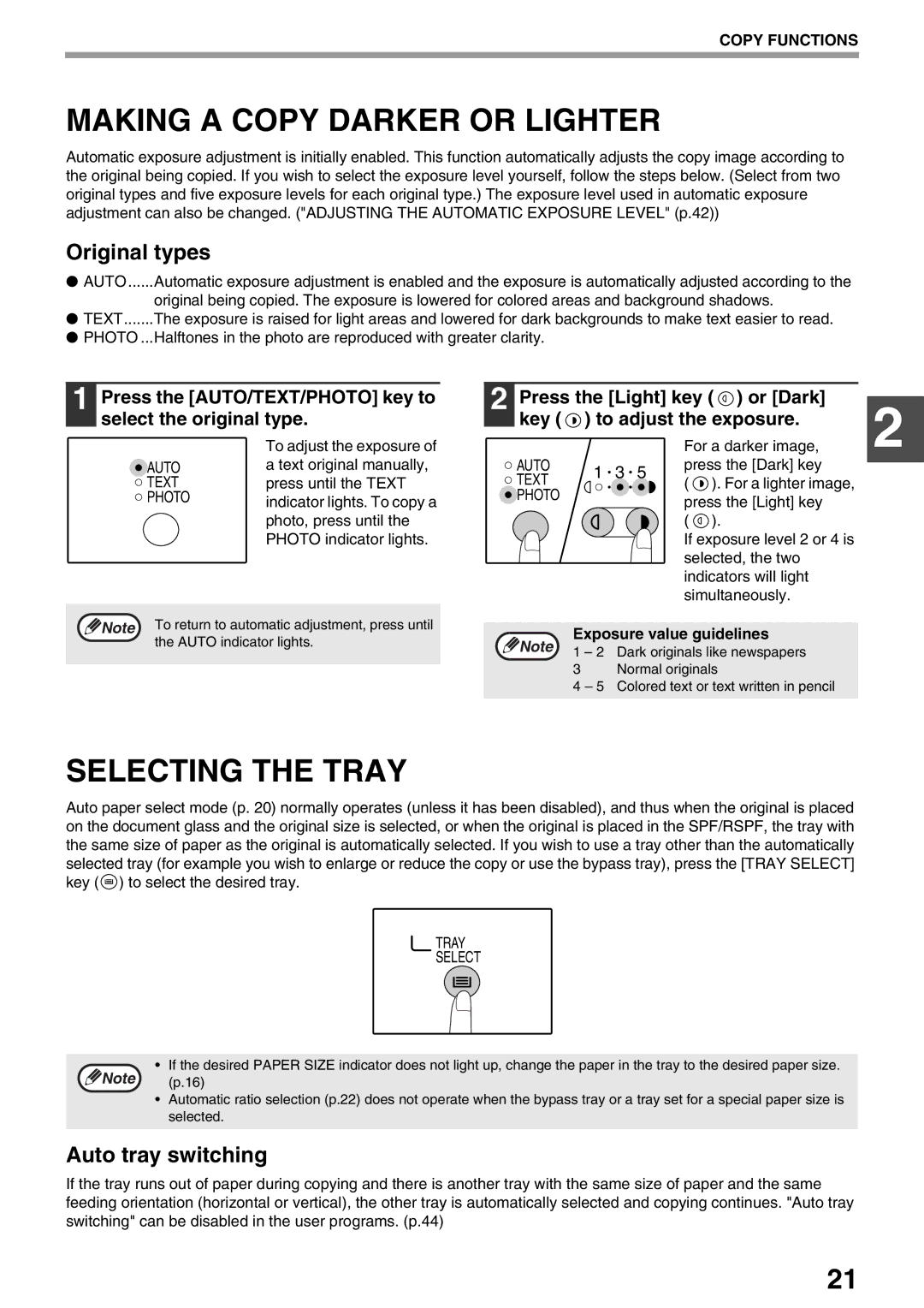 Sharp AR-M160, AR-M205 Making a Copy Darker or Lighter, Selecting the Tray, Original types, Auto tray switching 