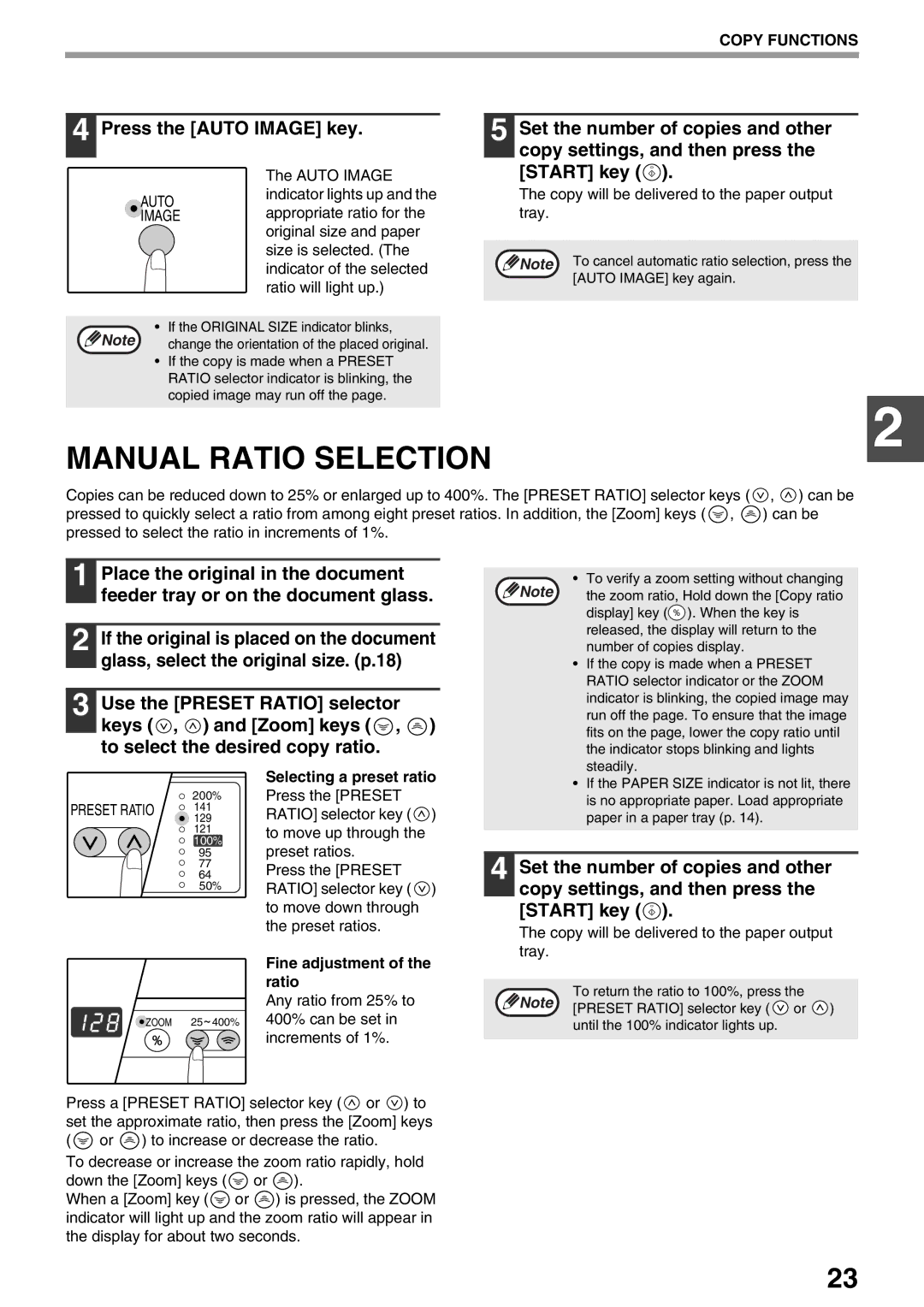 Sharp AR-M160 Manual Ratio Selection, Press the Auto Image key, Selecting a preset ratio, Fine adjustment of the ratio 