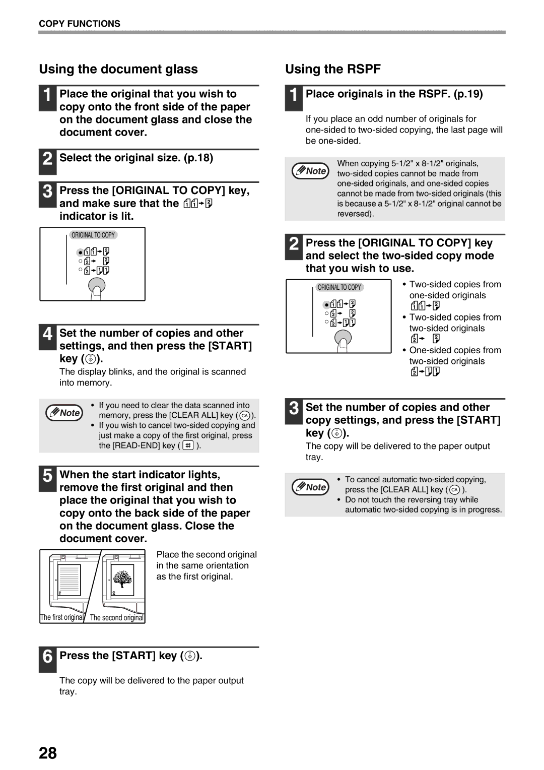 Sharp AR-M205, AR-M160 Using the document glass, Using the Rspf, Press the Start key, Place originals in the RSPF. p.19 