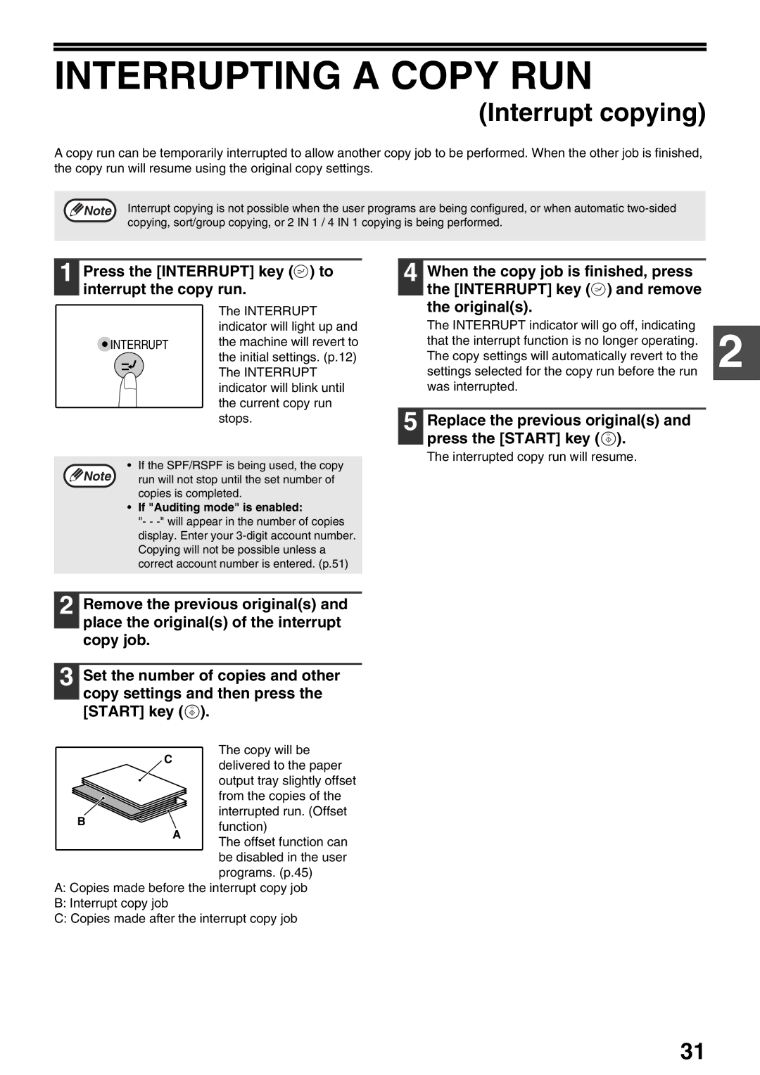 Sharp AR-M160, AR-M205 operation manual Interrupting a Copy RUN, Press the Interrupt key to interrupt the copy run 