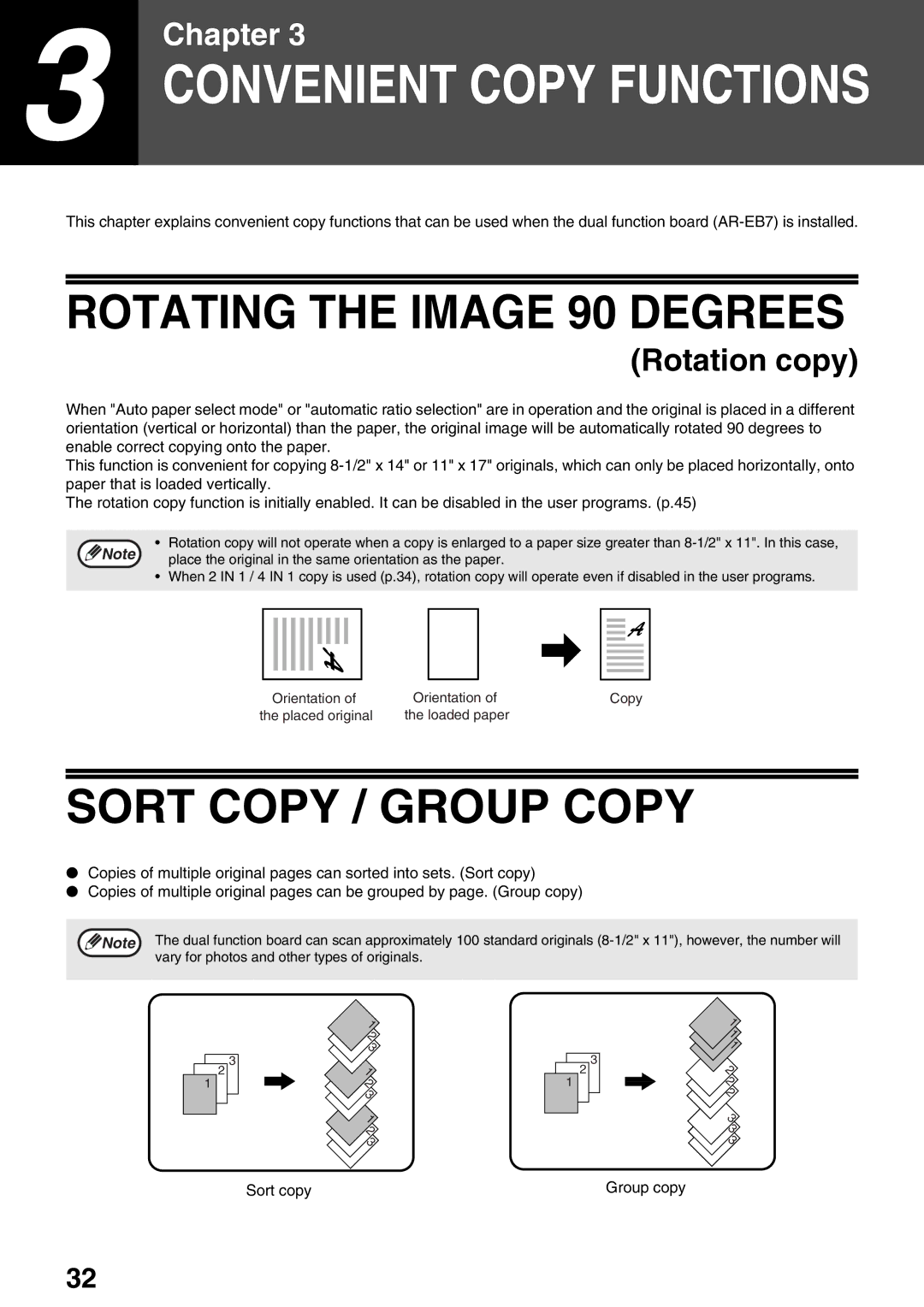 Sharp AR-M205, AR-M160 operation manual Rotating the Image 90 Degrees, Sort Copy / Group Copy 