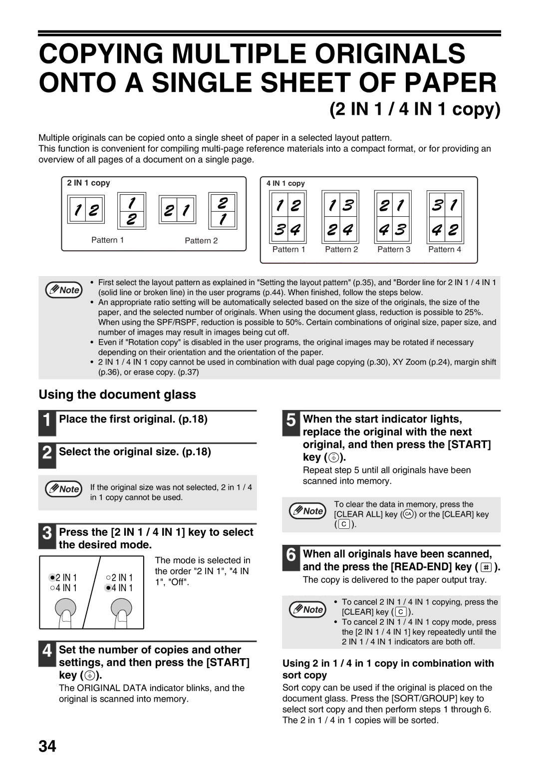 Sharp AR-M205, AR-M160 Copying Multiple Originals Onto a Single Sheet of Paper, Mode is selected, Order 2 in 1, 4, Off 