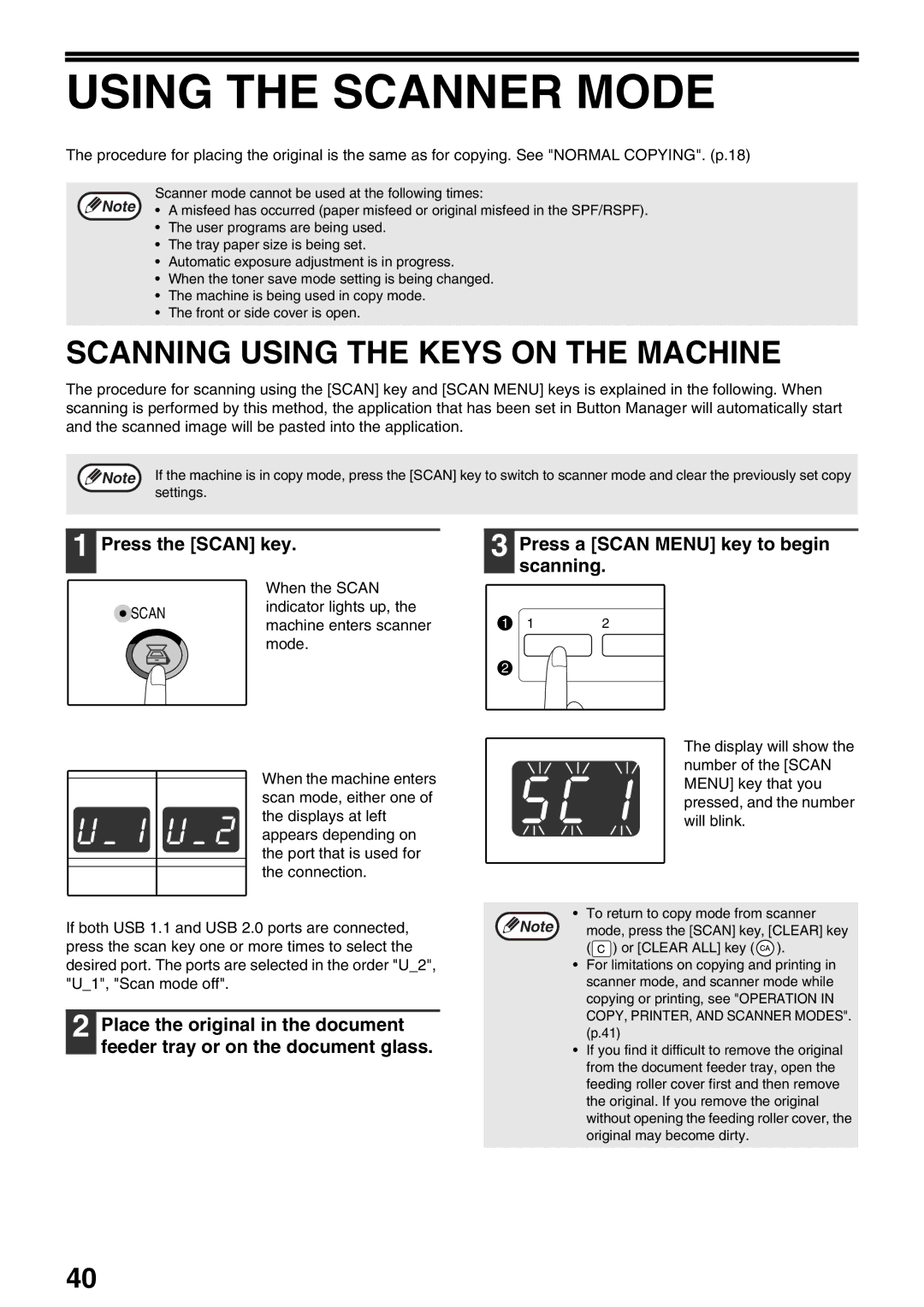 Sharp AR-M205, AR-M160 operation manual Using the Scanner Mode, Scanning Using the Keys on the Machine 