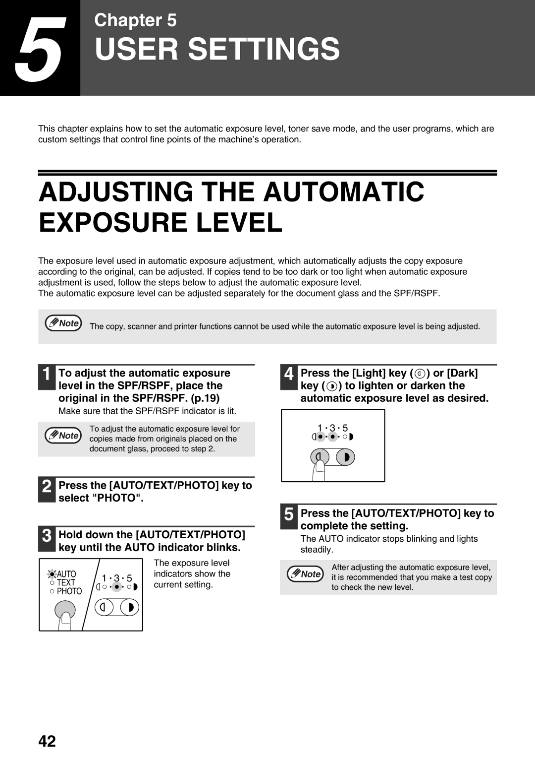 Sharp AR-M205, AR-M160 Adjusting the Automatic Exposure Level, Press the AUTO/TEXT/PHOTO key to complete the setting 