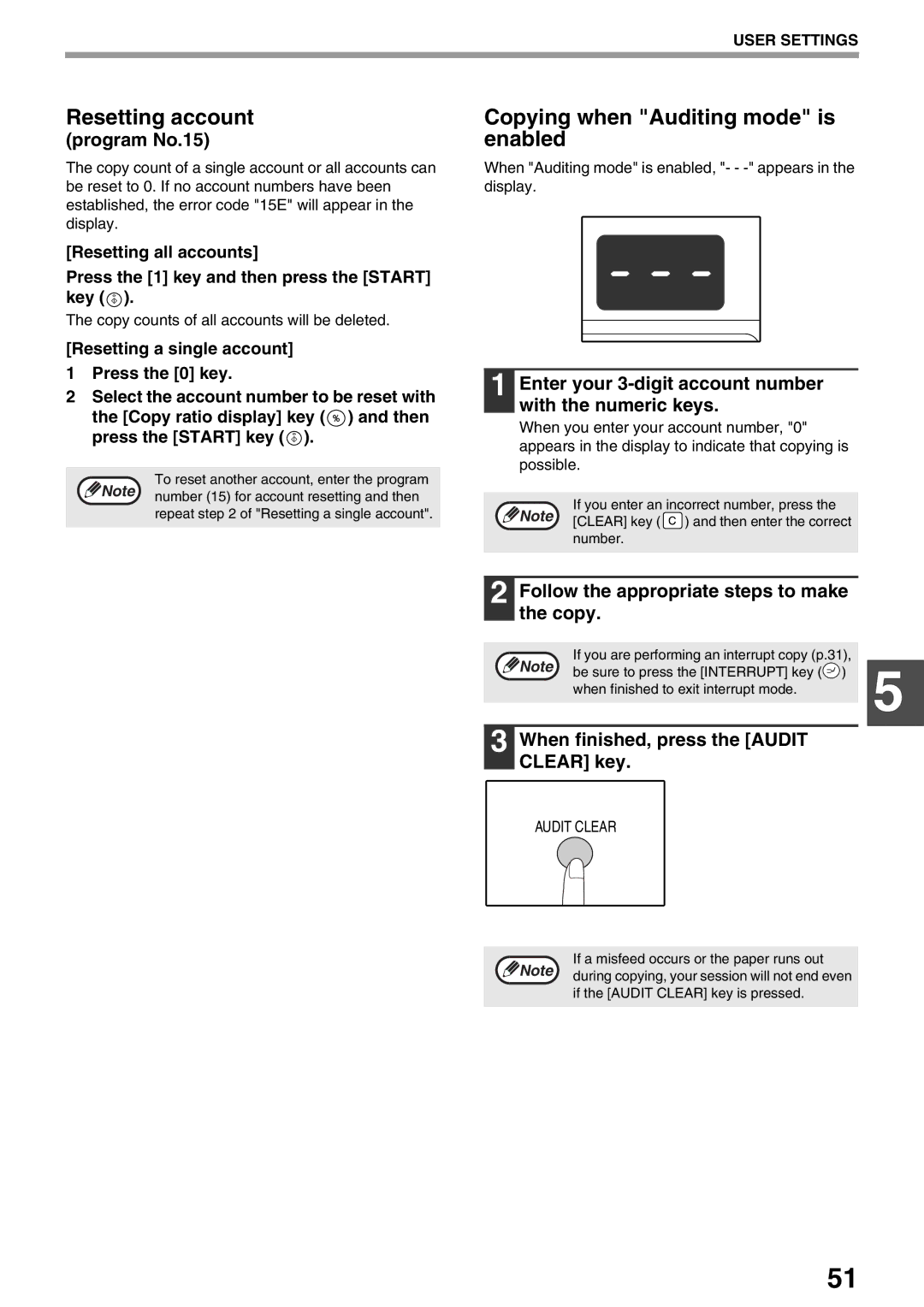 Sharp AR-M160, AR-M205 operation manual Resetting account, Copying when Auditing mode is enabled 