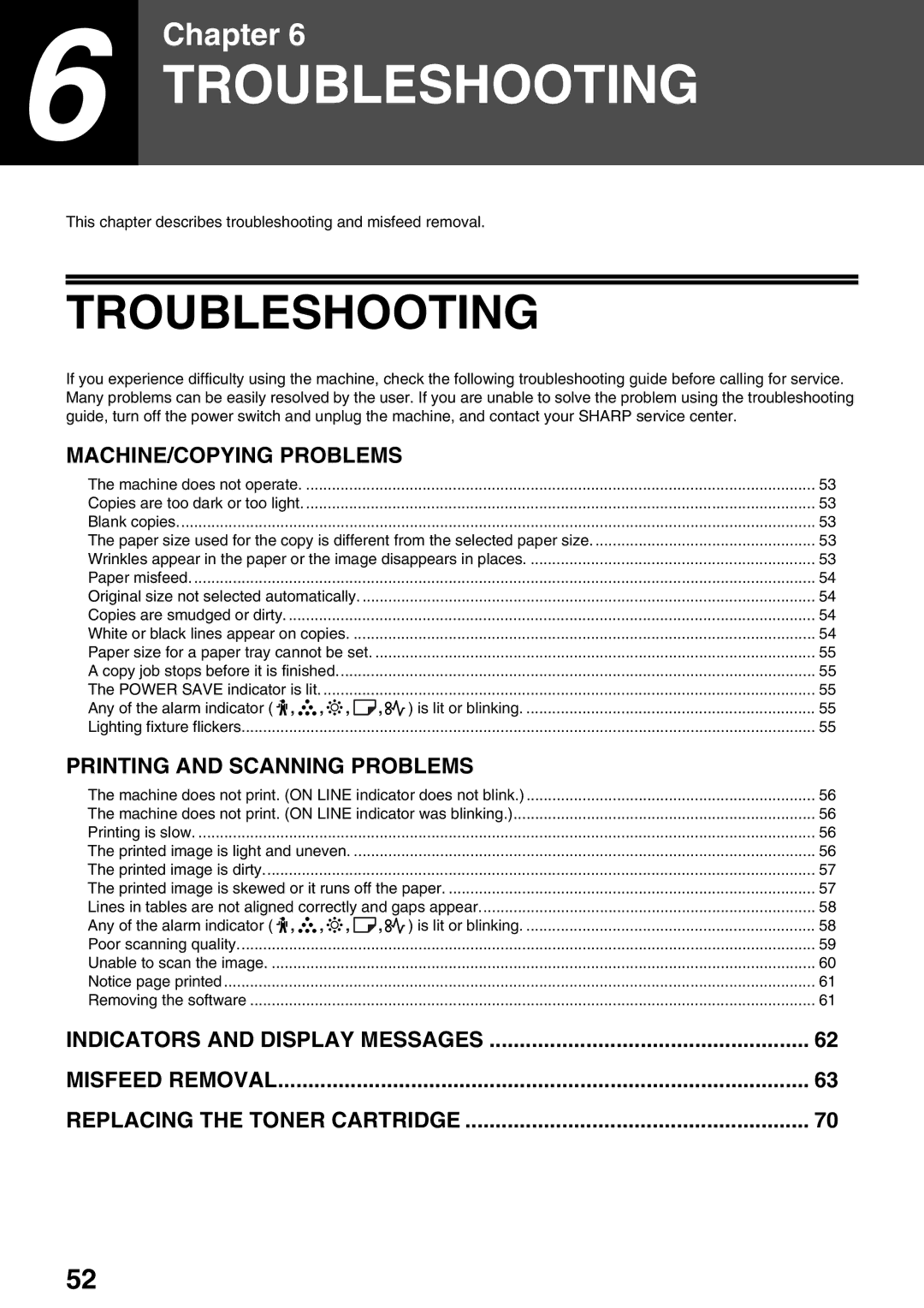 Sharp AR-M205 Troubleshooting, This chapter describes troubleshooting and misfeed removal, Any of the alarm indicator 