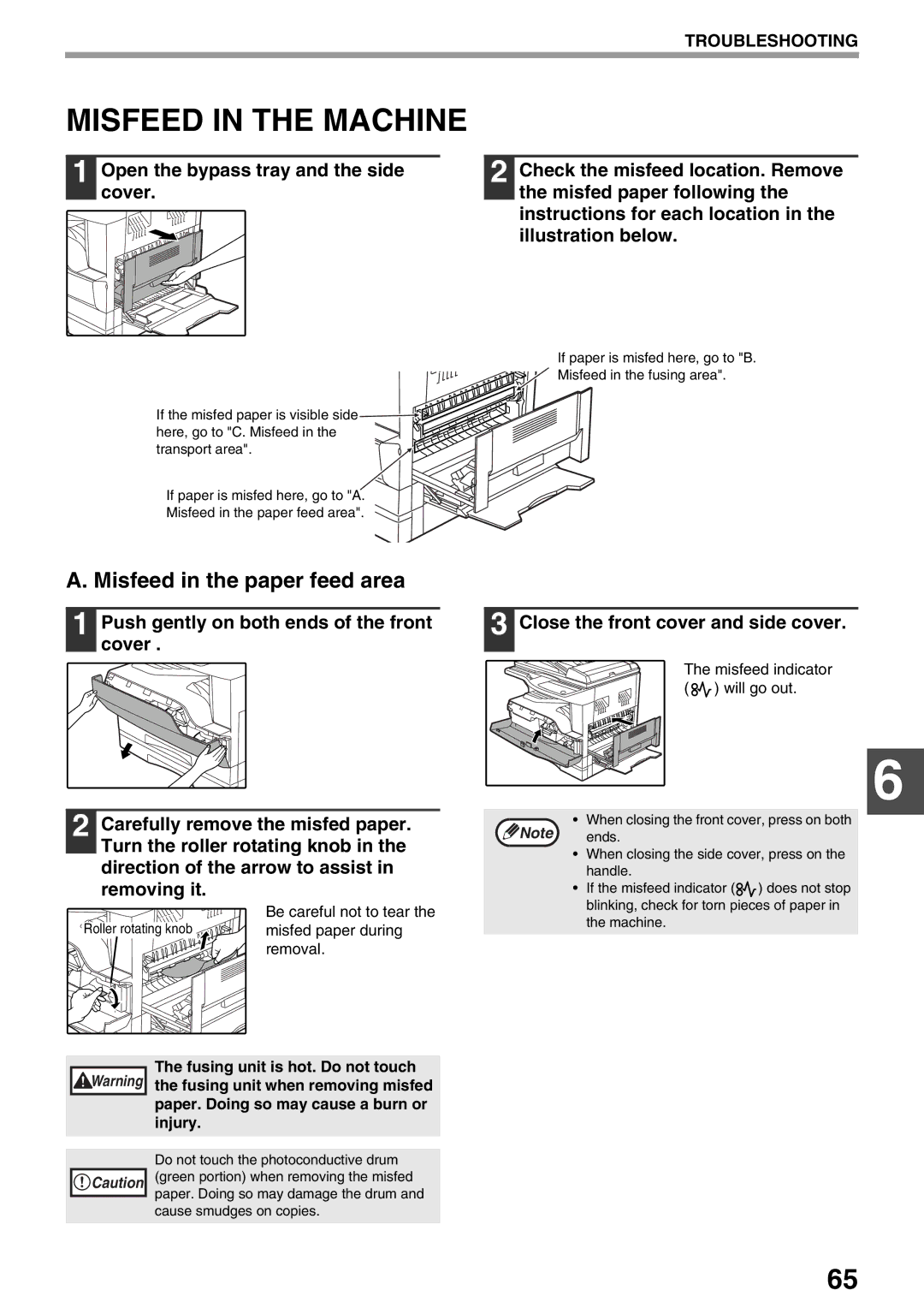 Sharp AR-M160 Misfeed in the Machine, Misfeed in the paper feed area, Close the front cover and side cover, Removal 