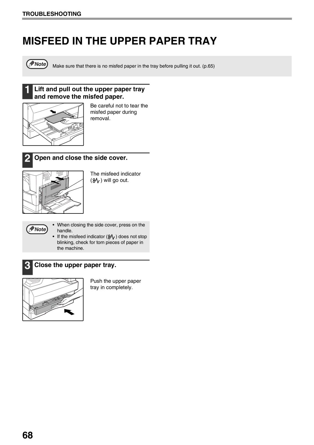 Sharp AR-M205 Misfeed in the Upper Paper Tray, Close the upper paper tray, Push the upper paper tray in completely 