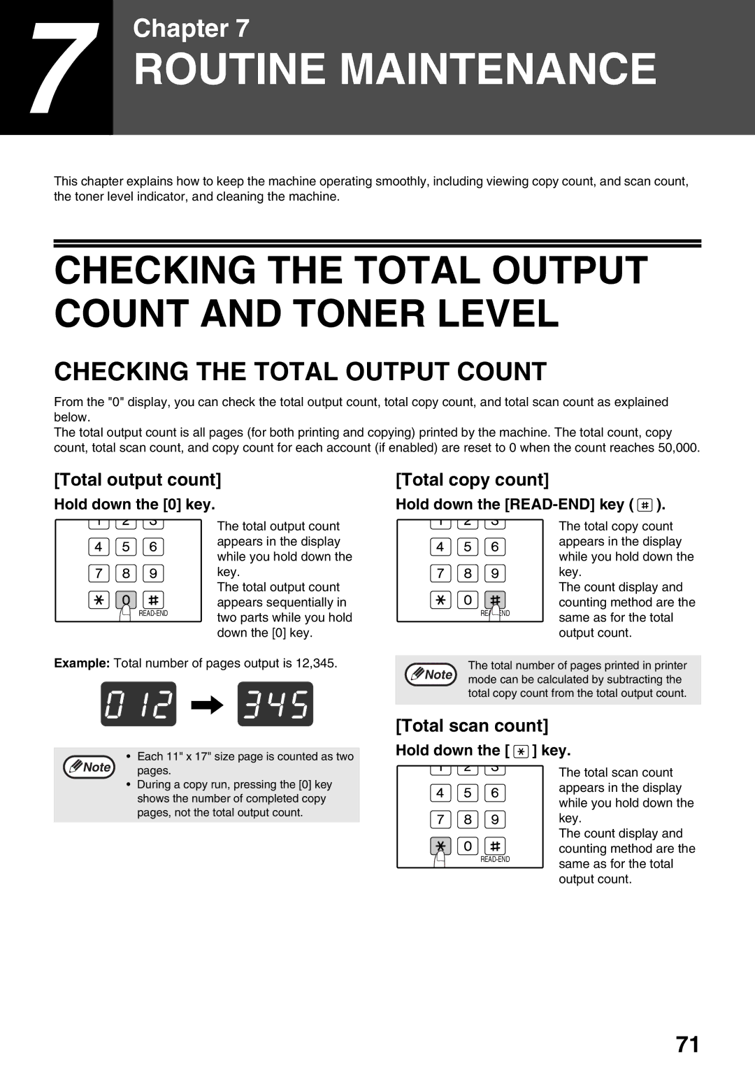 Sharp AR-M160 Checking the Total Output Count and Toner Level, Total output count, Total copy count, Total scan count 