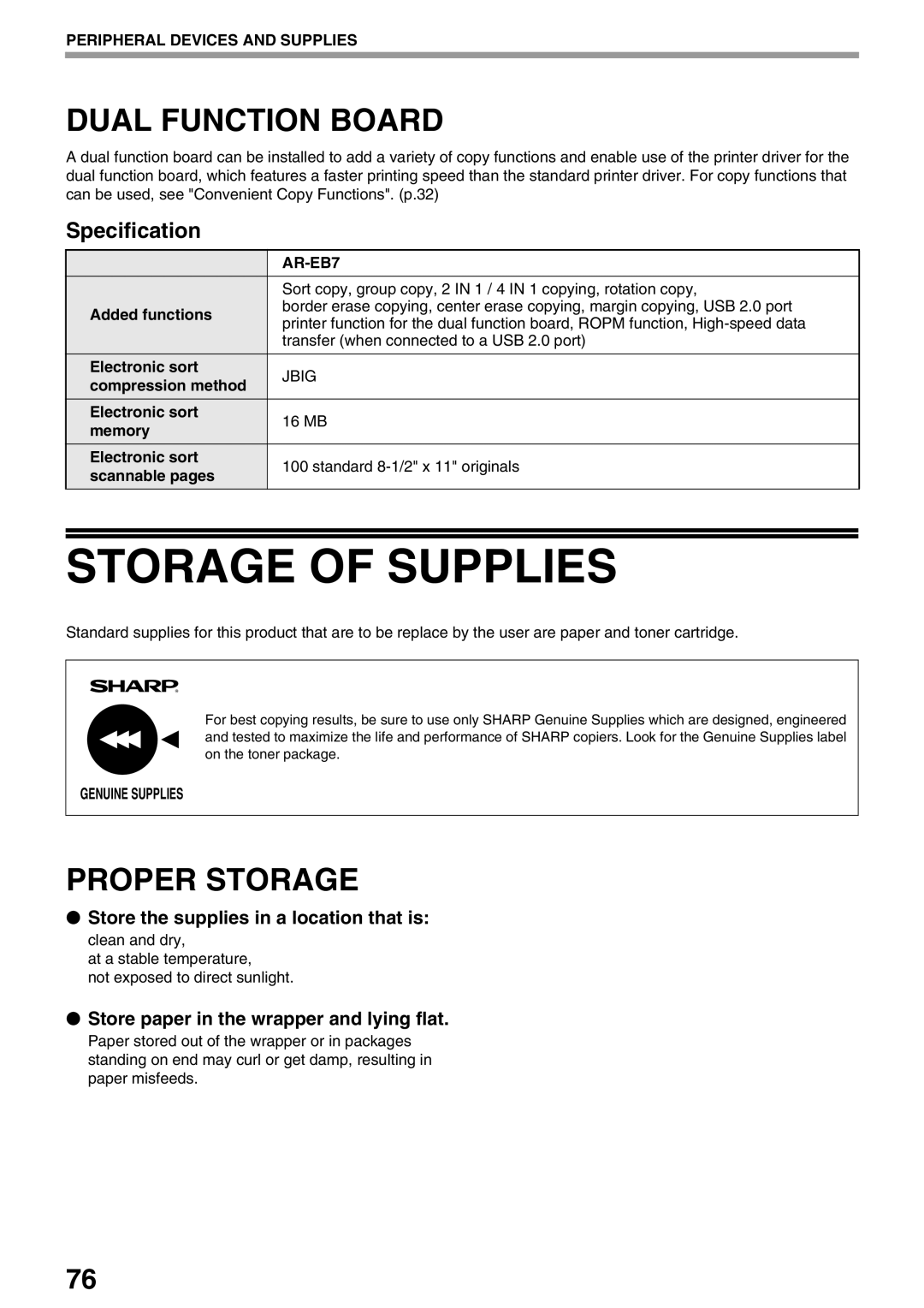 Sharp AR-M205, AR-M160 operation manual Storage of Supplies, Dual Function Board, Proper Storage, Specification 