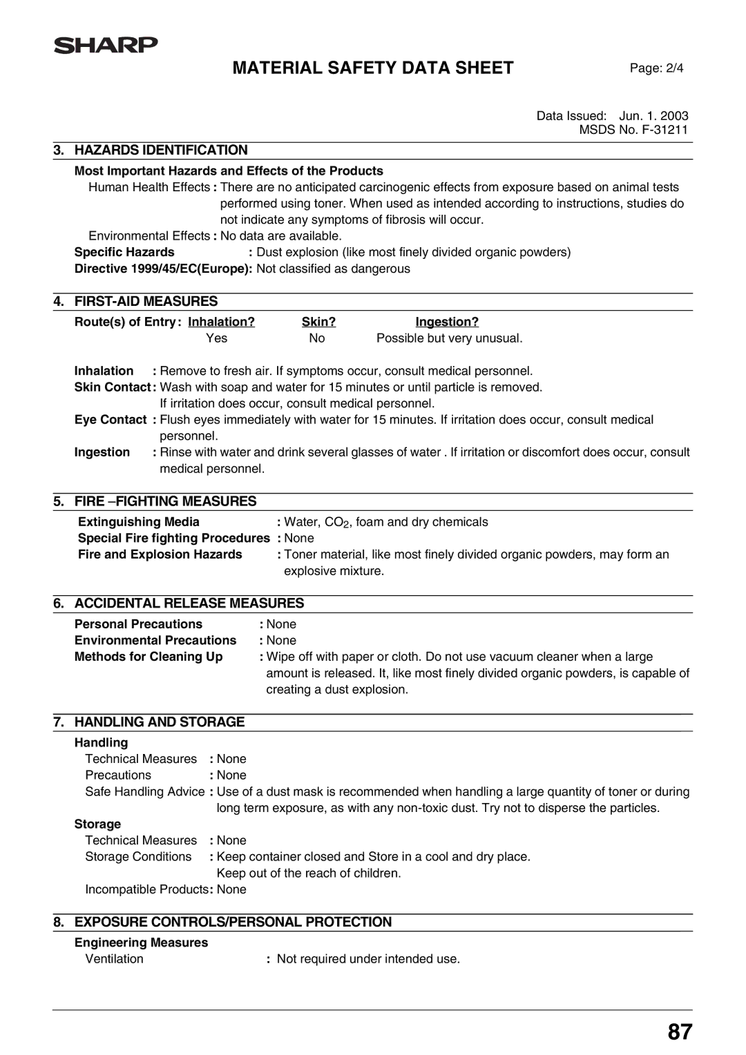 Sharp AR-M160, AR-M205 operation manual 2/4, Data Issued Jun Msds No. F-31211 