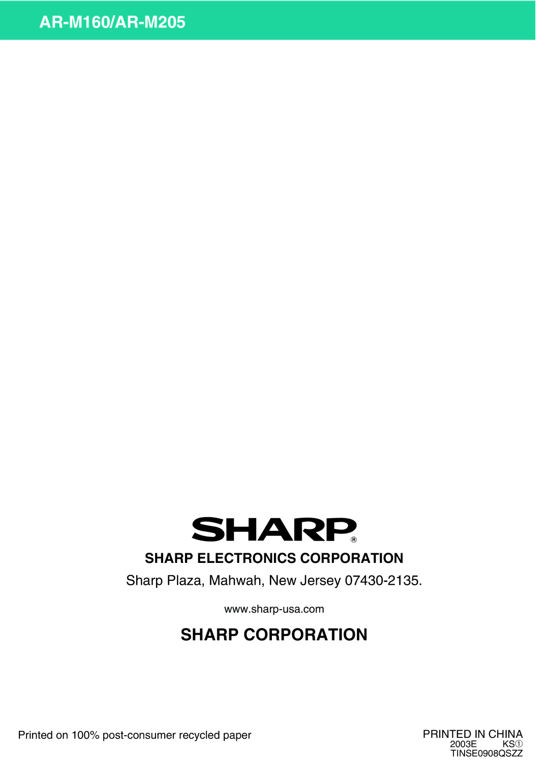 Sharp AR-M205, AR-M160 operation manual Sharp Corporation 