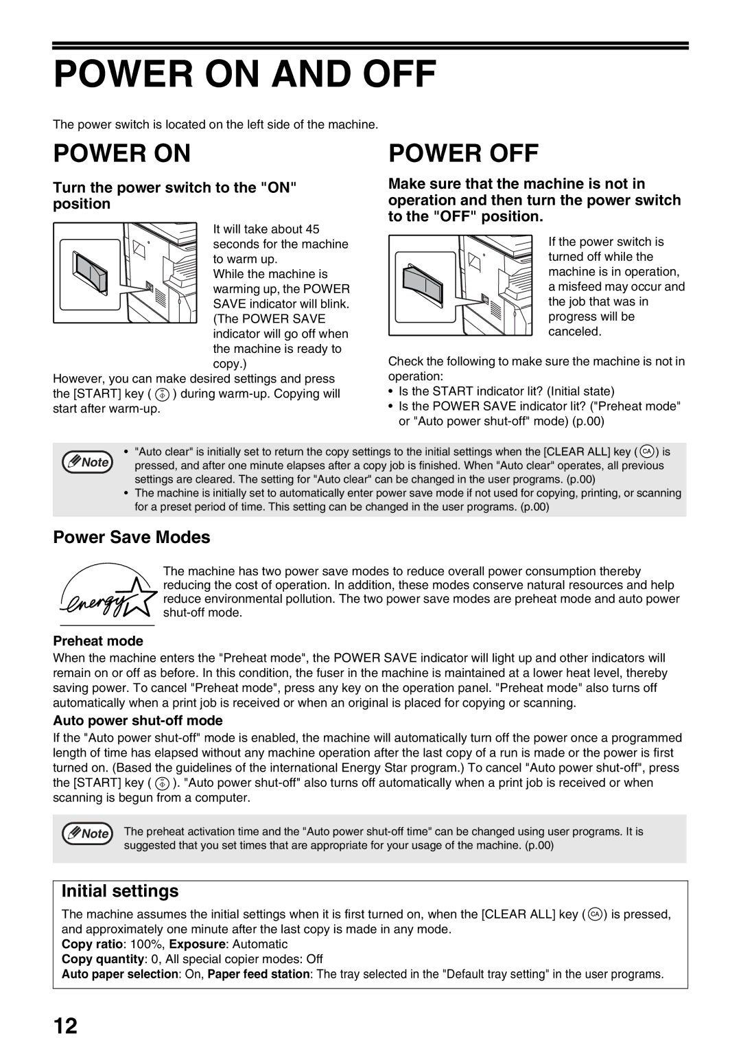 Sharp AR-M205, AR-M160 operation manual Power on and OFF, Power OFF, Power Save Modes, Initial settings 