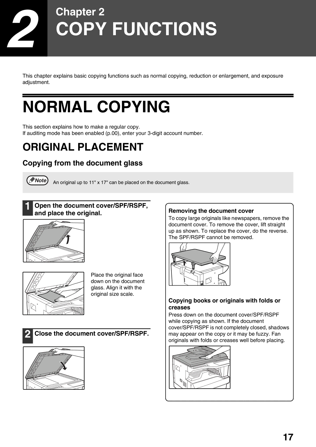 Sharp AR-M160 Normal Copying, Original Placement, Copying from the document glass, Close the document cover/SPF/RSPF 