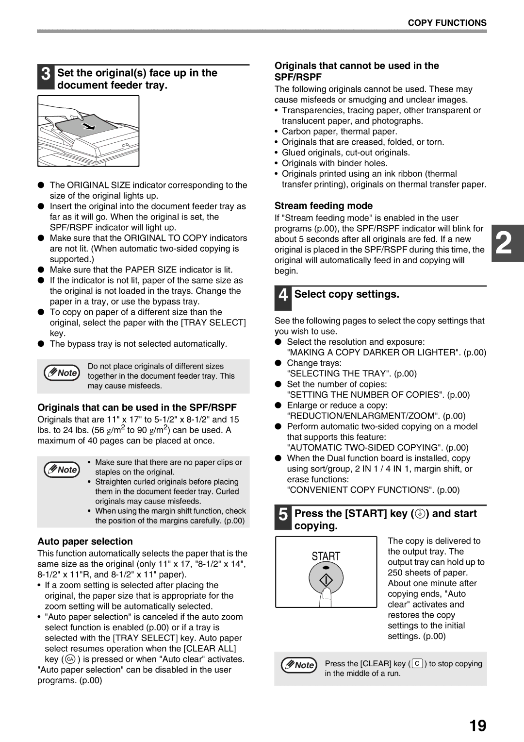 Sharp AR-M160, AR-M205 Set the originals face up in the document feeder tray, Press the Start key and start copying 