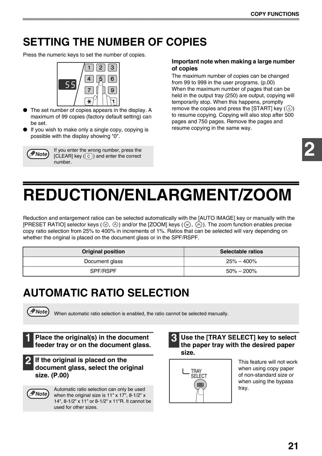 Sharp AR-M160, AR-M205 operation manual Reduction/Enlargment/Zoom, Setting the Number of Copies, Automatic Ratio Selection 