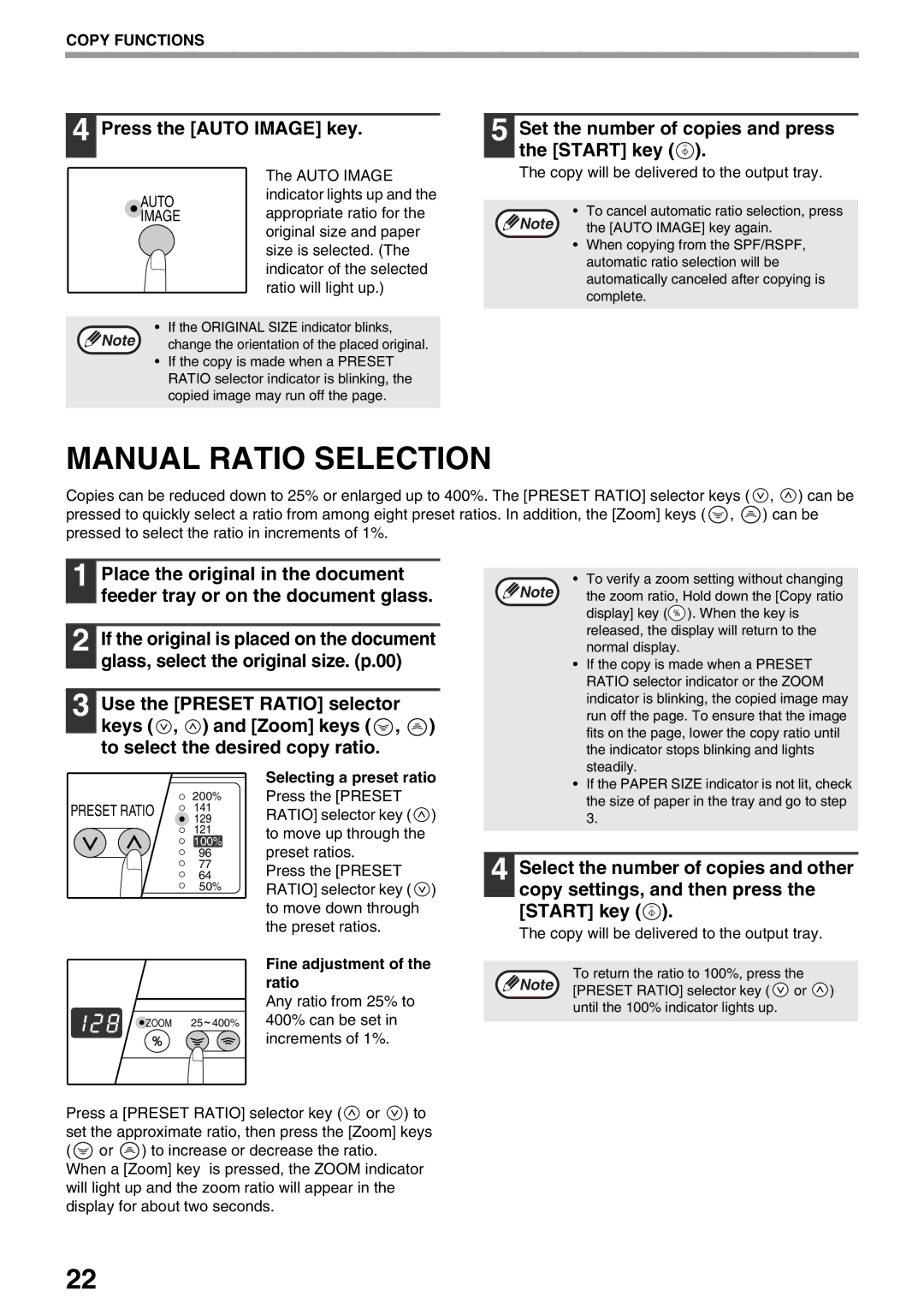 Sharp AR-M205, AR-M160 Manual Ratio Selection, Press the Auto Image key, Set the number of copies and press the Start key 