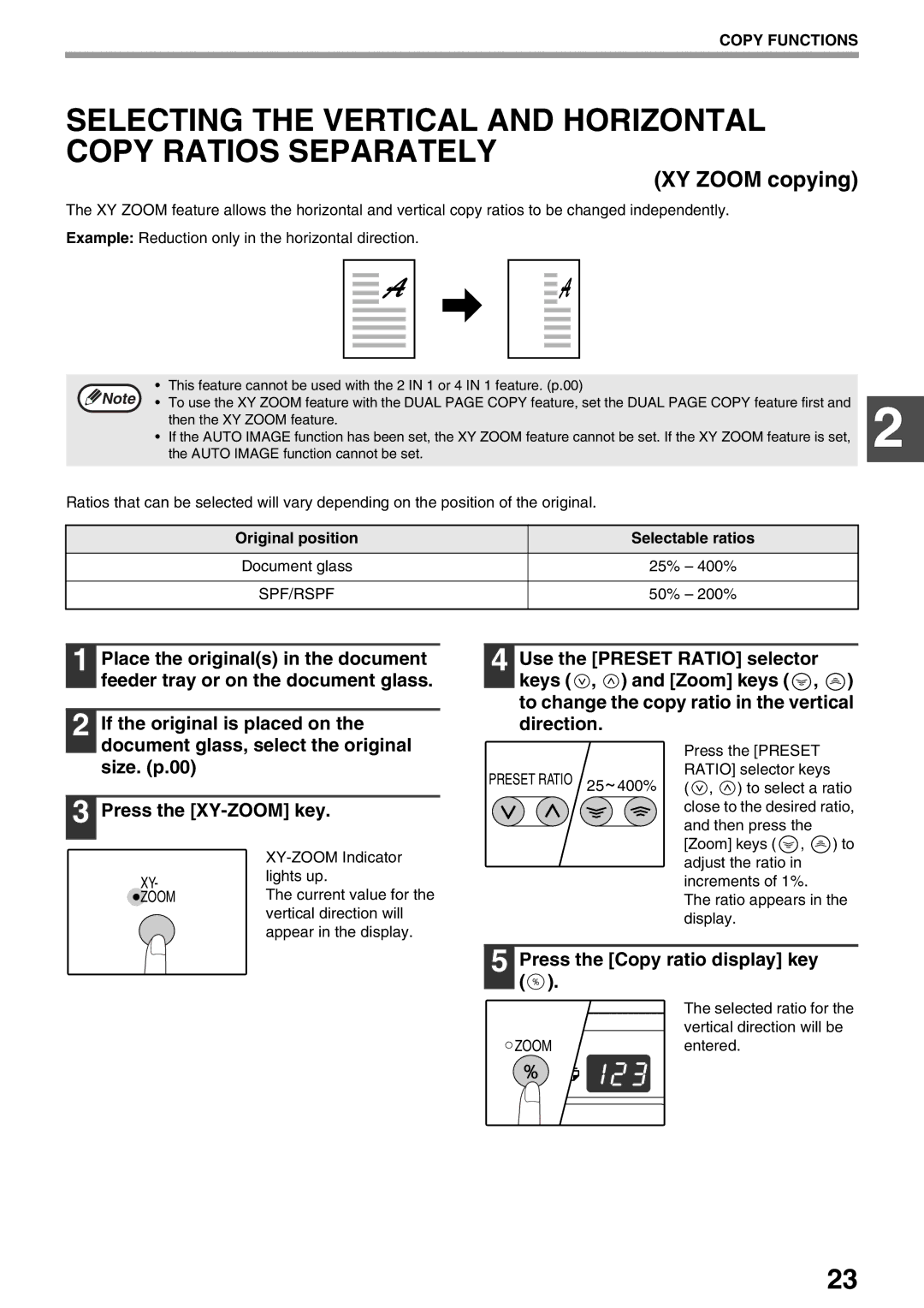 Sharp AR-M160, AR-M205 operation manual XY Zoom copying, Press the Copy ratio display key 