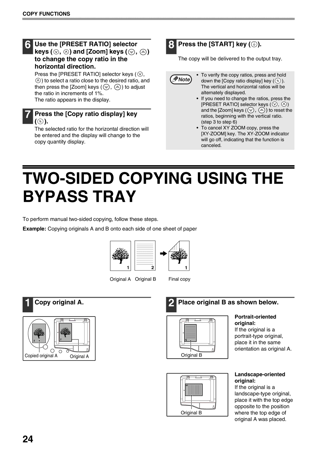 Sharp AR-M205, AR-M160 TWO-SIDED Copying Using the Bypass Tray, Press the Start key, Portrait-oriented original 