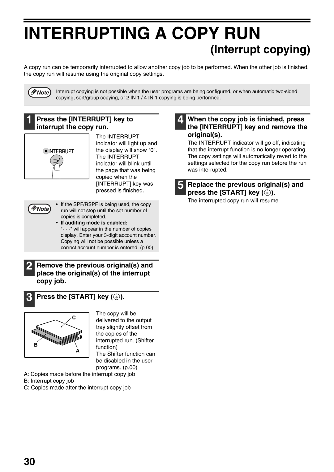 Sharp AR-M205, AR-M160 operation manual Interrupting a Copy RUN, Press the Interrupt key to interrupt the copy run 